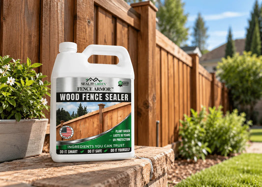 Wood fence sealer container displayed beside a wooden fence in a landscaped backyard.