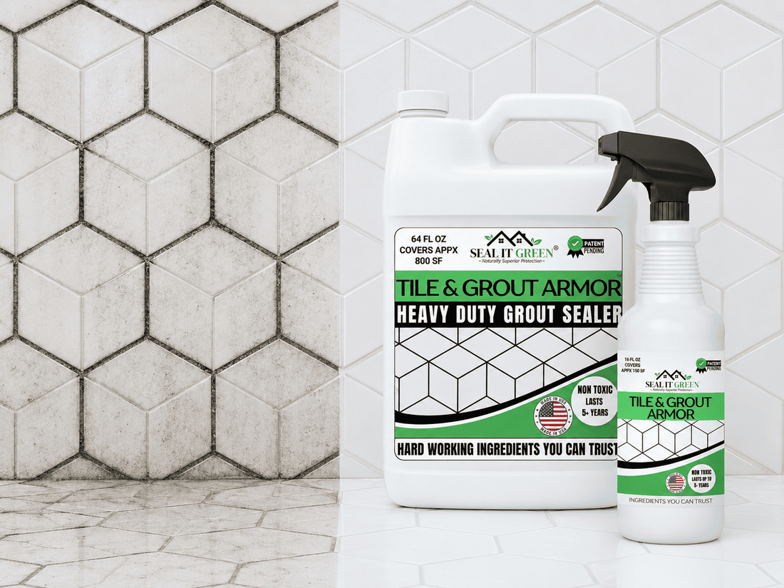 Two containers of Salt Green Tile &amp; Grout Armor grout sealer are placed in front of a white hexagonal tile wall with visible grout lines.