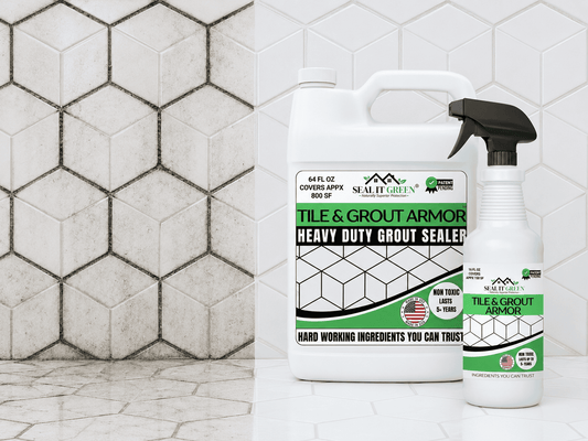 Two containers of Salt Green Tile &amp; Grout Armor grout sealer are placed in front of a white hexagonal tile wall with visible grout lines.