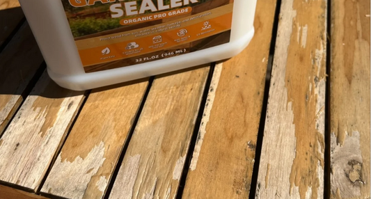 Acrylic sealer peeling off of wood deck. Toxic wood sealer with chemicals can be dangerous for gardens and home use.