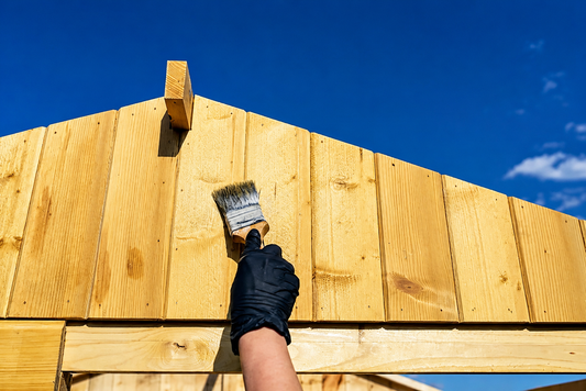 Applying outdoor wood sealer to a new cedar fence under a clear blue sky