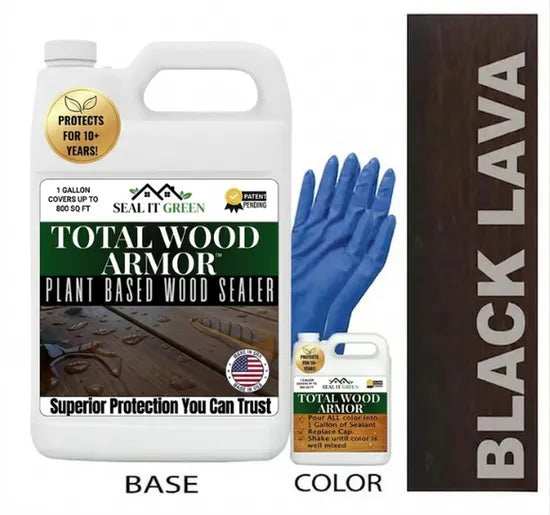 Container of Total Wood Armor plant-based wood sealer with blue gloves and "Black Lava" color sample. Promises protection for over 10 years.