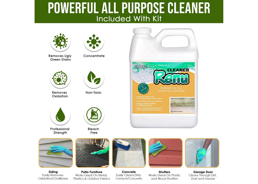 Infographic showing Cleaner Renu applications for siding, patios, and garage doors.