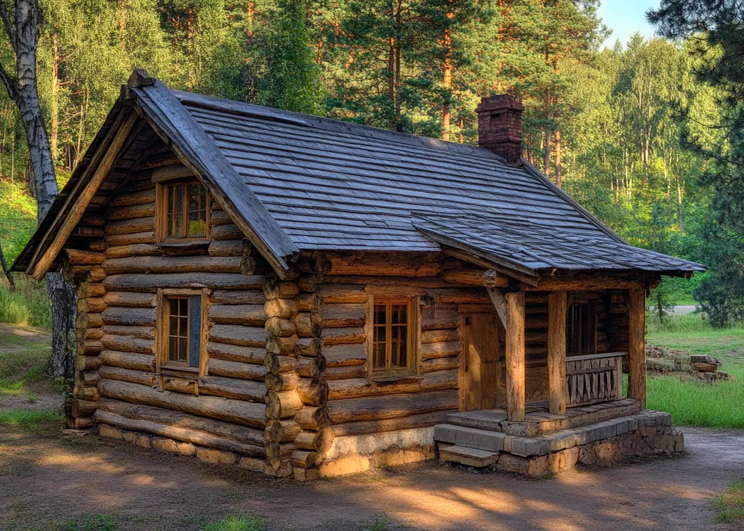 A rustic wooden cabin with a slanted roof, set amidst lush greenery and tall trees, featuring a small porch and windowed walls.