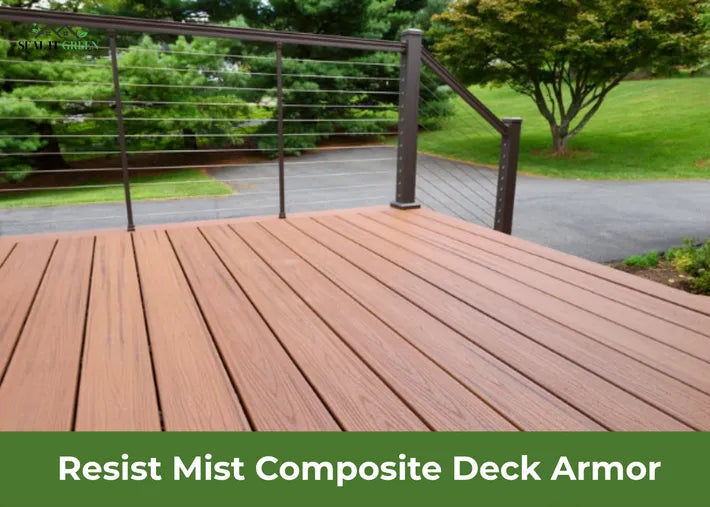 Close-up of a composite deck with brown planks and a modern railing, showcasing the durable and stylish Resist Mist Deck Armor.