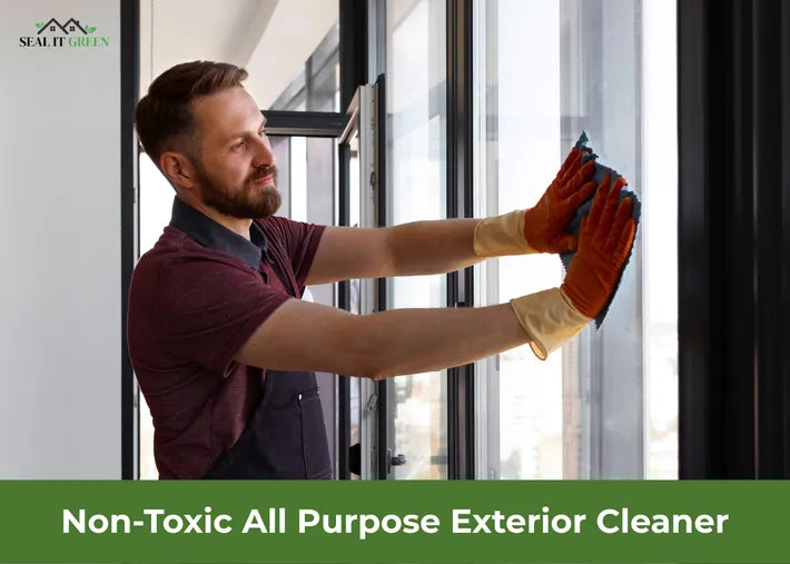 A person wearing rubber gloves cleans a large window with a blue cloth, showcasing a non-toxic all-purpose exterior cleaner.