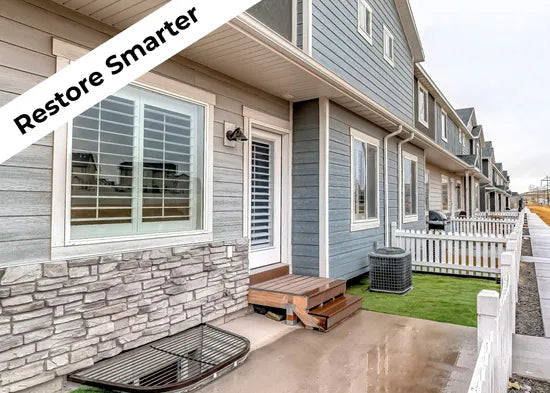 A modern exterior of a home featuring decorative stonework, a small wooden deck, and a sign reading "Restore Smarter."