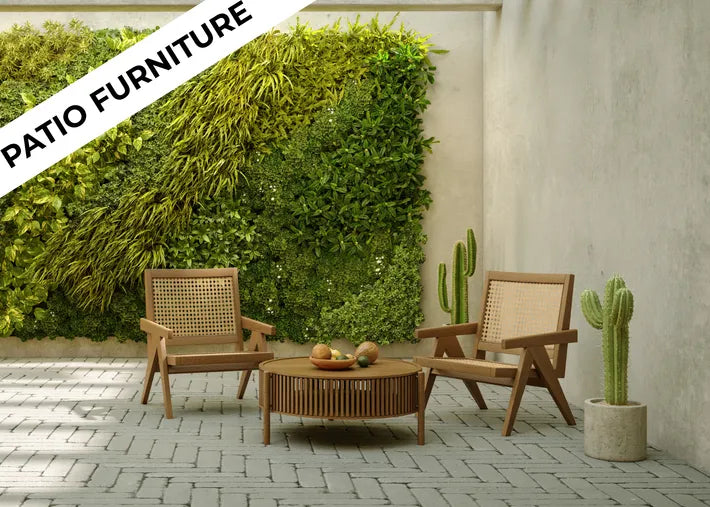 Stylish patio featuring two wooden chairs, a round table with fruit, and a lush green wall background with cacti accents.