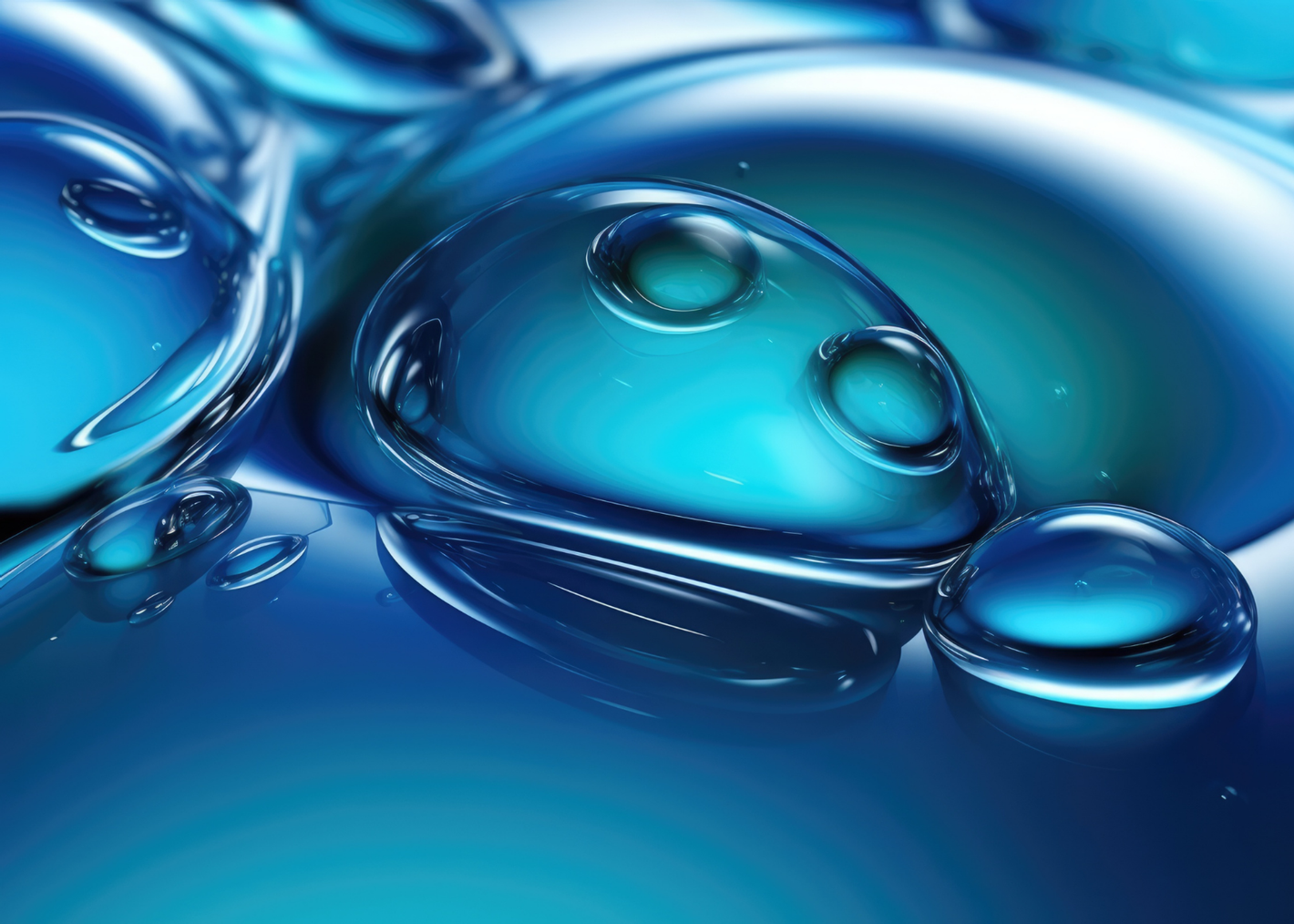 Close-up of translucent blue water droplets on a shiny surface, creating a soothing and calming visual effect.