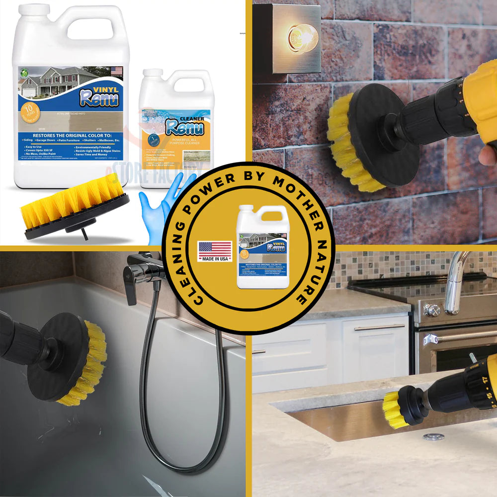 Image showcases Vinyl Rott cleaning products and tools in action on various surfaces, highlighting effective cleaning solutions for home use.