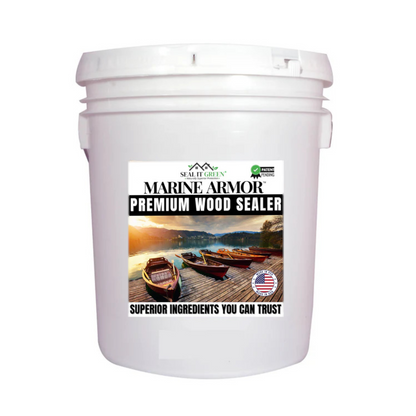 5-gallon pail of Marine Armor wood sealer designed for docks, outdoor furniture, and other waterfront wood surfaces, providing durable water-resistant protection against moisture and weather exposure