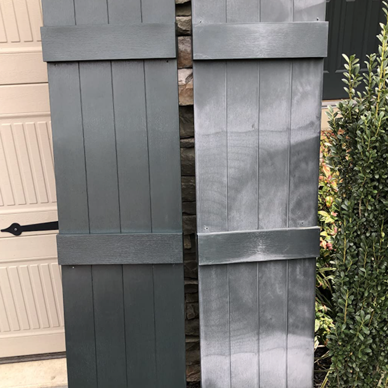 before and after faded chalky shutters restored with Shutter Renu