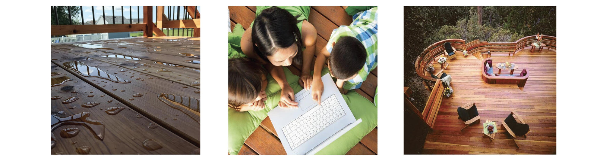 Total Wood Armor Plant Based Sealer on deck and children playing on deck with computer