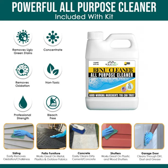 Image of a powerful all-purpose cleaner bottle labeled 'Renu Cleaner,' showing its features like removing stains, being non-toxic, and bleach-free.