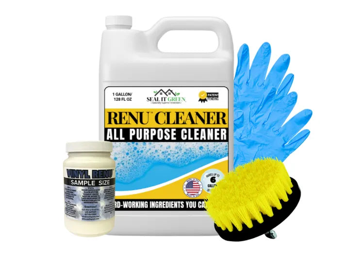 A gallon jug of Renu Cleaner, a vinyl renu sample jar, blue gloves, and a yellow scrub brush. Cleaning supplies are arranged against a white background.