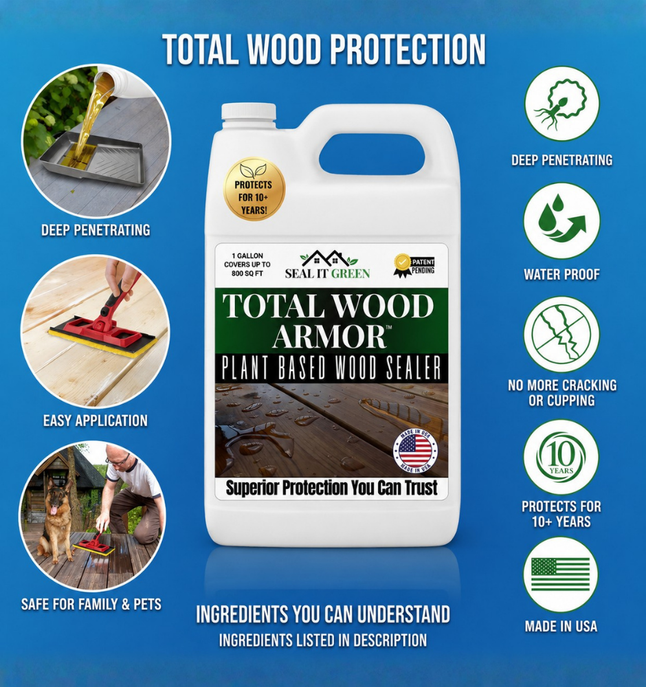 plant-based wood sealer on deck with dog nearby