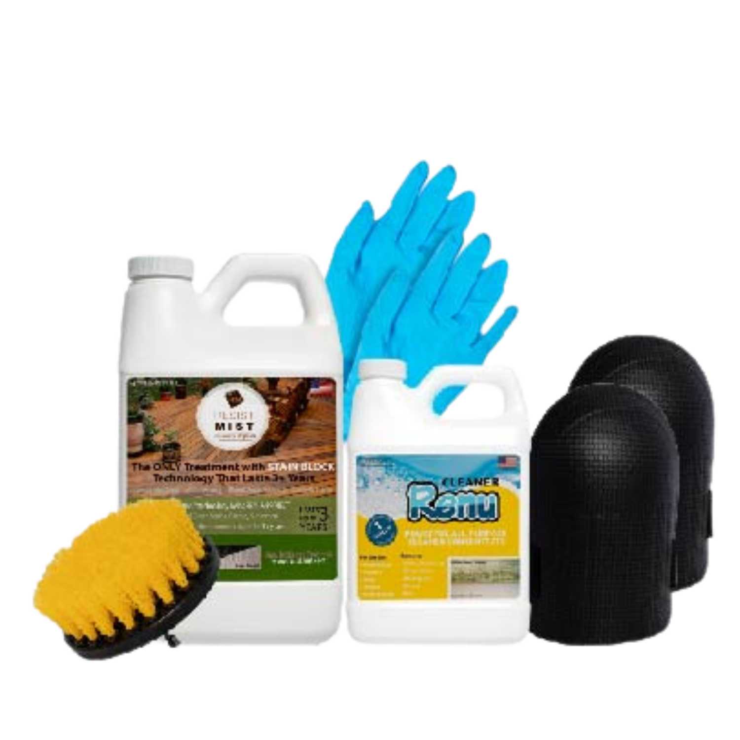 A cleaning kit featuring two bottles of treatment solutions, a brush, blue gloves, and two black protective caps.