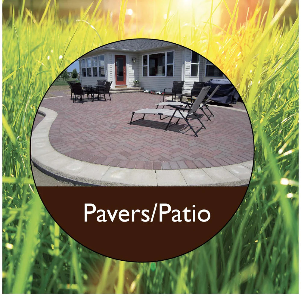Paved patio area featuring lounge chairs and dining set, surrounded by lush grass and a welcoming home exterior.