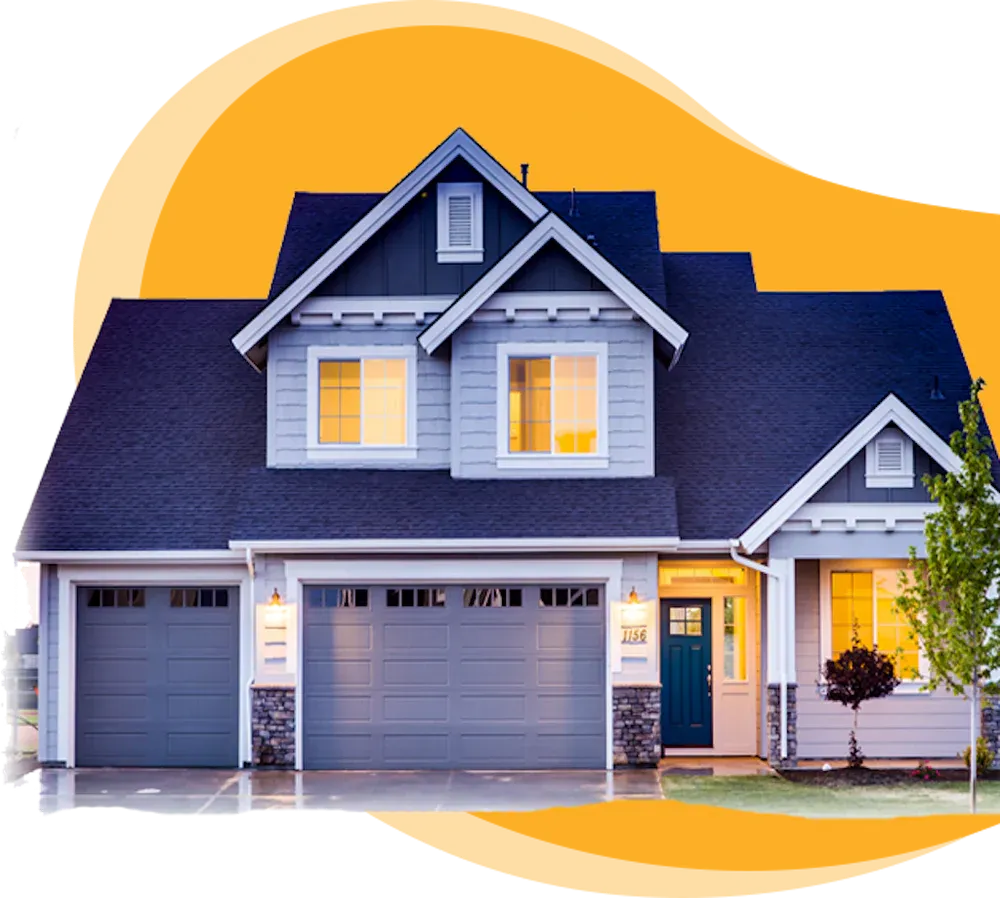 A modern two-story house with a blue front door, lit windows, and two garage doors, set against a bright yellow background.