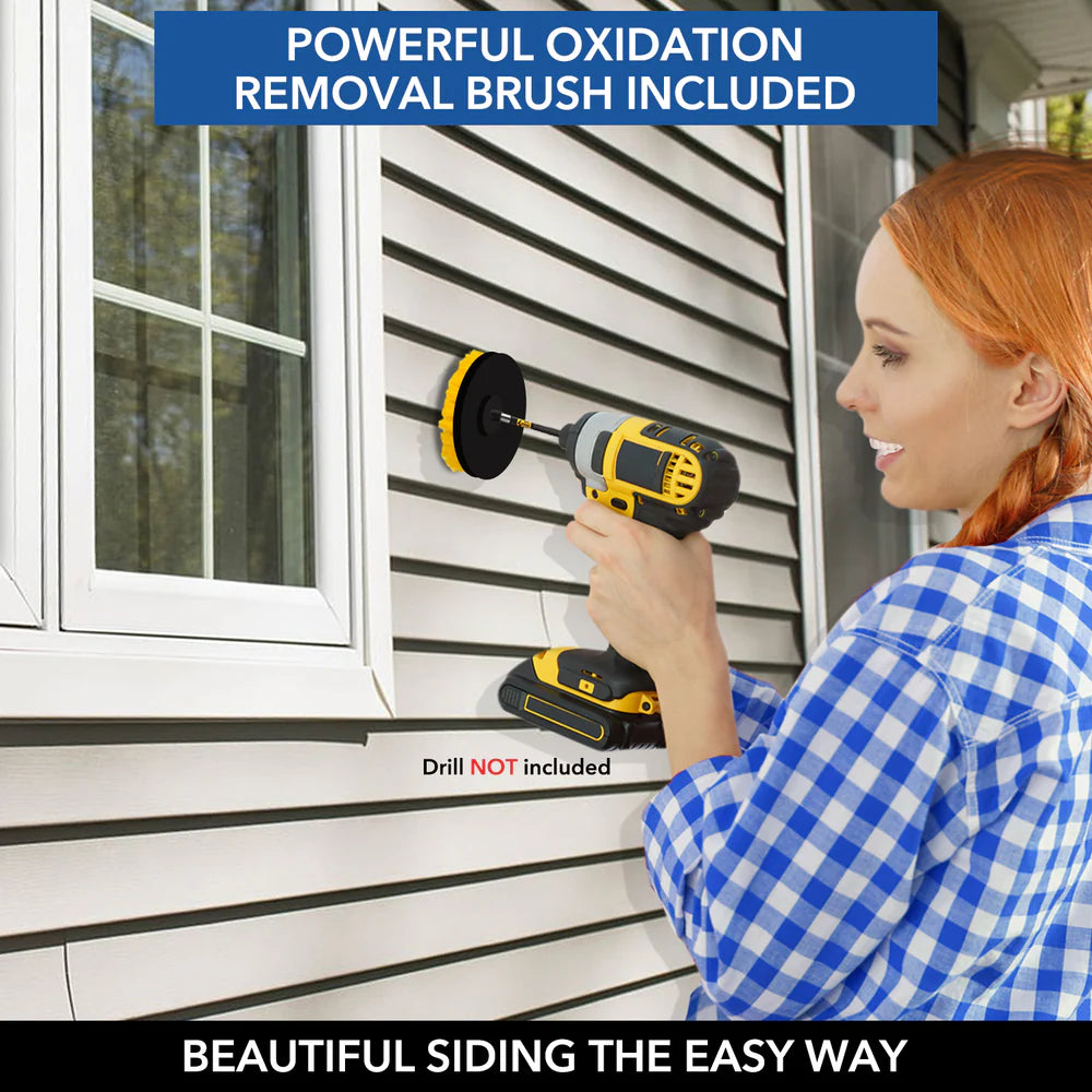 A person uses a powerful oxidation removal brush on vinyl siding, showcasing easy home maintenance tools and solutions.