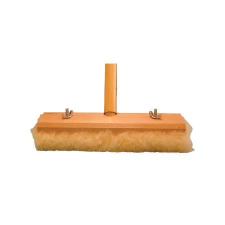 A wooden floor squeegee with a soft, fuzzy mop head, designed for efficient cleaning and moisture removal from surfaces.