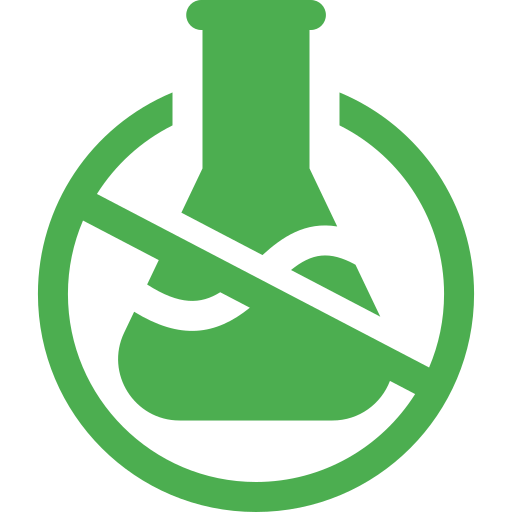 A green circular symbol featuring a lab flask crossed out, indicating no chemicals or laboratory use allowed.