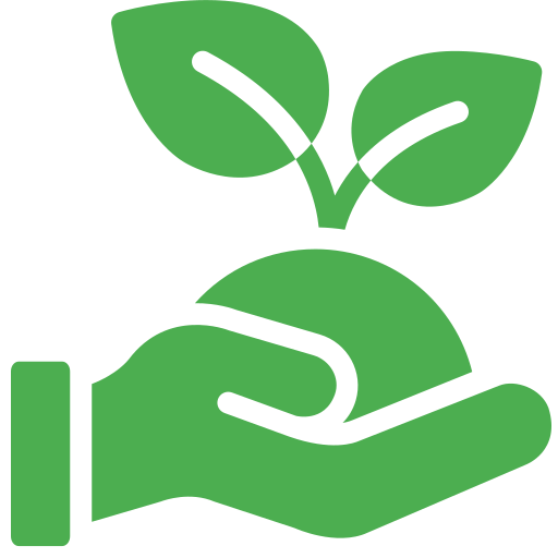 A green hand holding a small plant with two leaves, symbolizing care for the environment and growth.