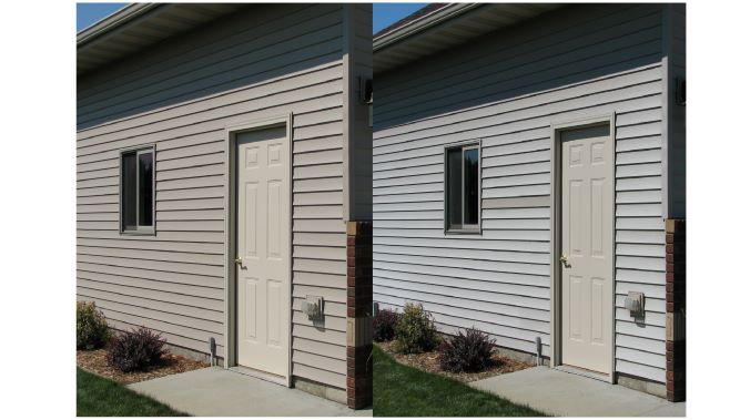 Before And After Oxidized  Siding  Restored With Vinyl Renu Vinyl Siding Restorer Left Side Restored Right Side Faded With Replacement Board