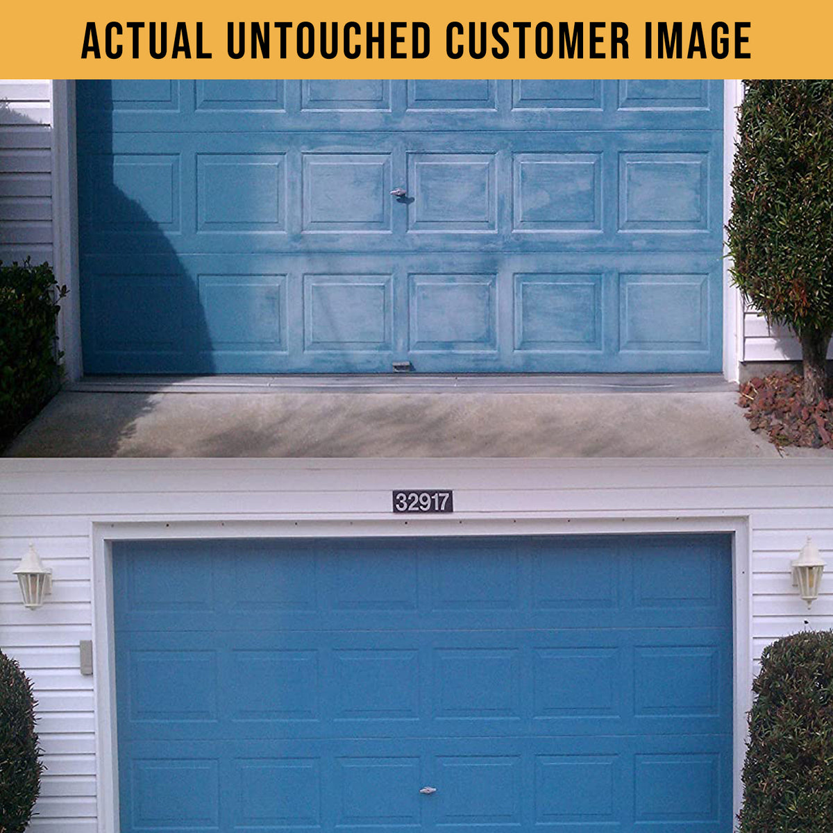 Infographic Blue Faded Oxidized Metal Garage Doors Before And After Restored With Vinyl Renu Vinyl Siding Restorer Top Faded Bottom Original Color Restored