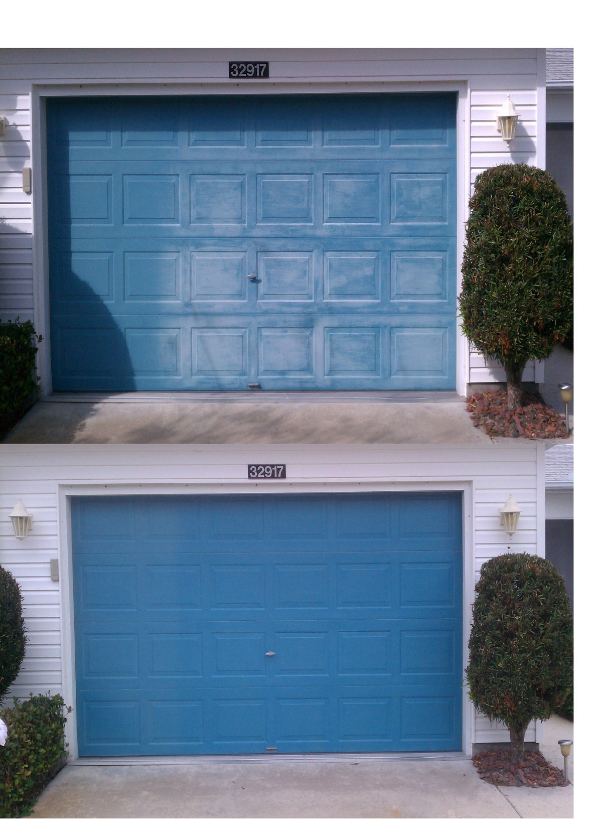 Oxidized Blue Garage Door Restored With Vinyl Renu Vinyl Siding Restorer Top Image Oxidized Bottom Image Original Color Restored