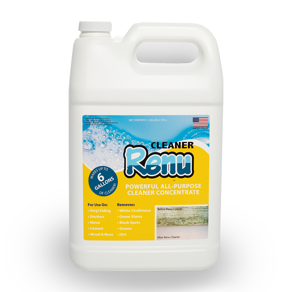 A large 6-gallon bottle of Renu Cleaner