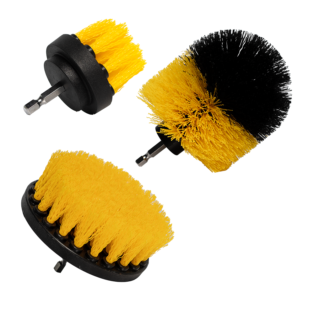 Set of three drill brushes with yellow and black bristles