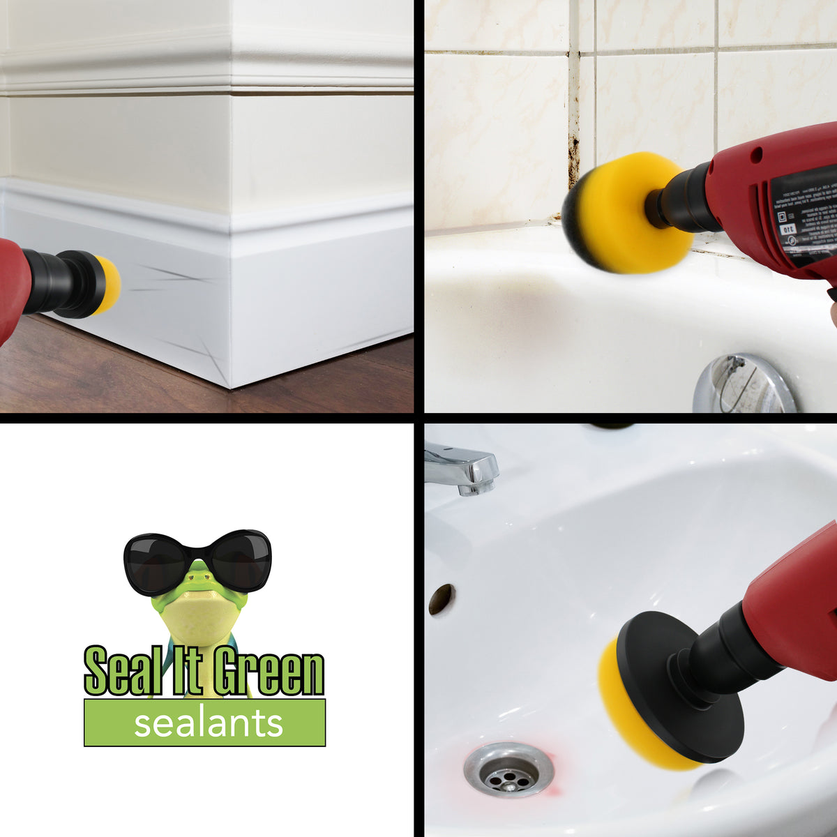 four images showing a person using a drill to clean various surfaces in a bathroom.