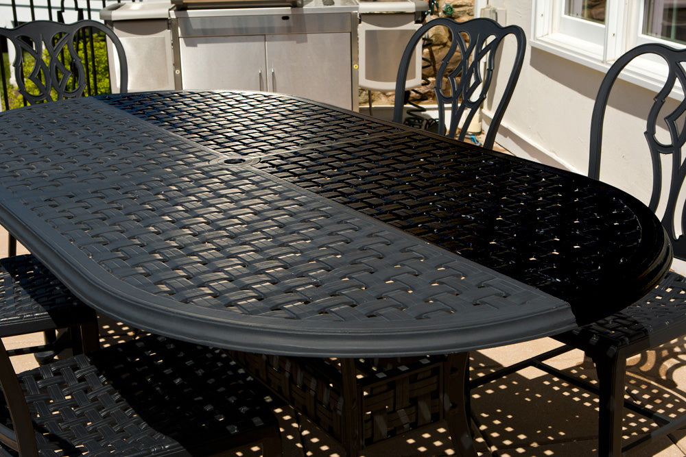 Patio Table Before And After Restored With Vinyl Renu Outdoor Color Restorer. Right Side Restored And Left Siding Faded And Oxidized.