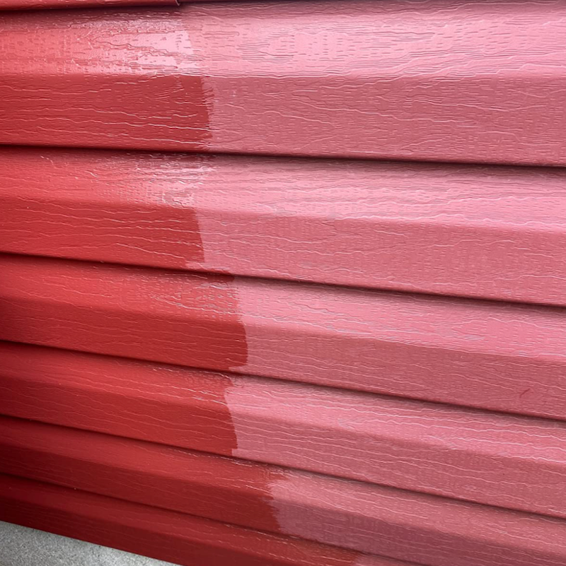 Red Oxidized And Faded Vinyl Siding Restored With Vinyl Renu Vinyl Siding Restorer Left Side Restored Right Side Faded And Oxidized