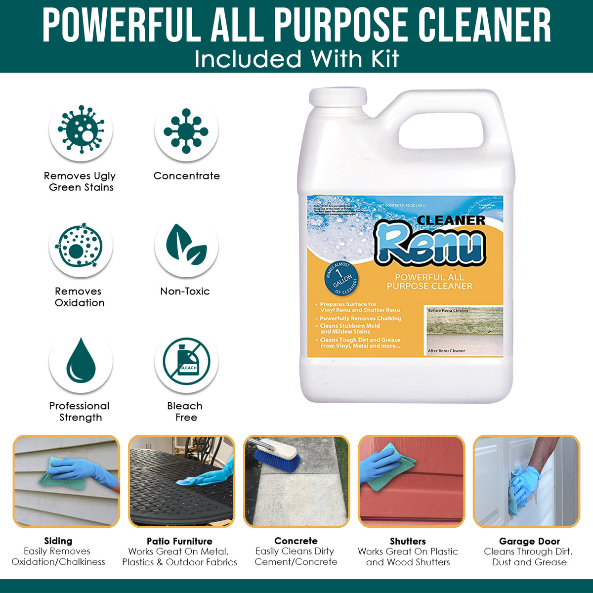 Renu all-purpose cleaner, highlighting essential cleaning supplies for various surfaces.