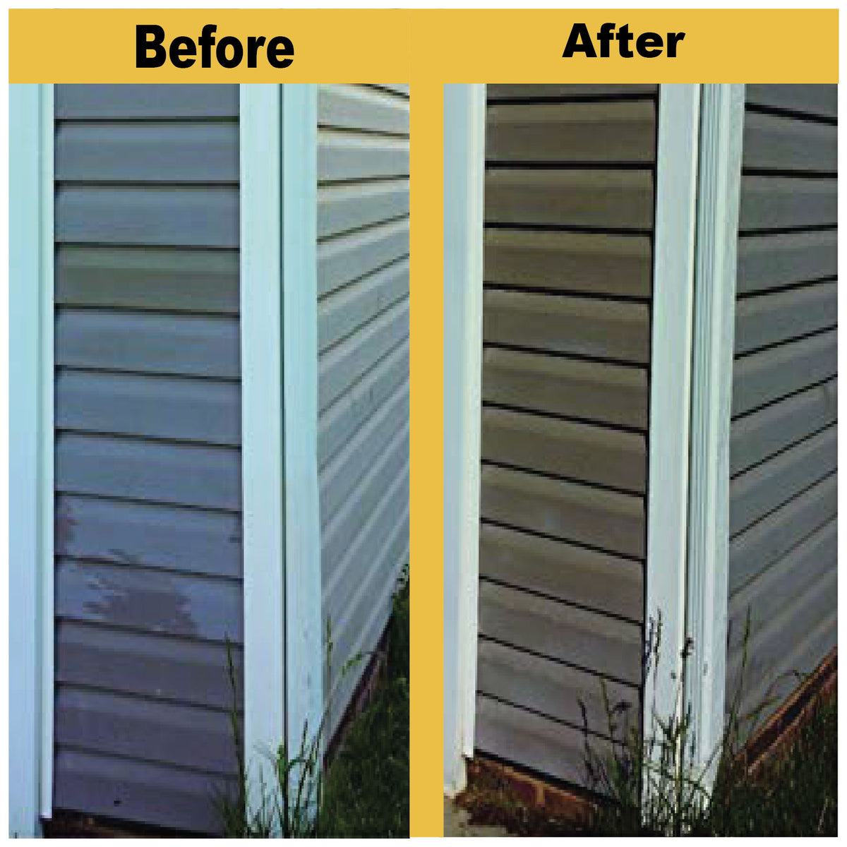 Vinyl Siding Restorer.  Actual Customer Image Showing Faded &amp; Ugly Vinyl Siding.  Right Side Is Restored To Original Color