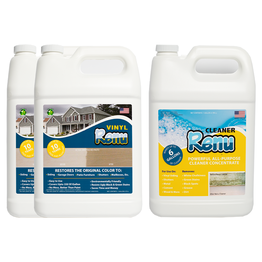 Vinyl Renu Vinyl Siding Restorer 3 Gallon Kit Restores 700SF of Oxidized And Faded Vinyl Siding. Two Gallons of Color Restorer And One Gallon Of Premium Concentrated Cleaner