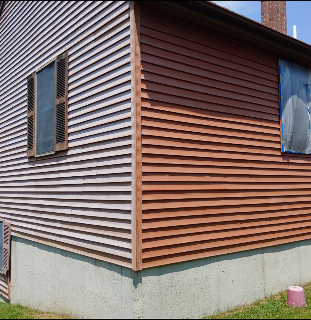 Customer Project Before And After Oxidized And Faded Vinyl Siding Before And After Restored WIth Vinyl Renu Color Restorer Left Side Faded Right Side Original Color Restored