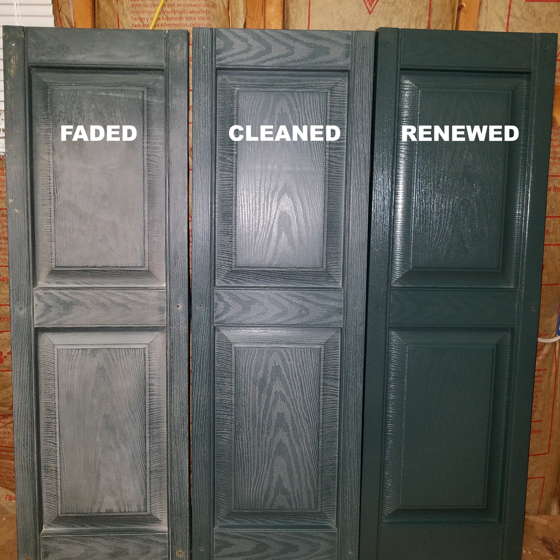 Three wooden doors side by side, labeled 'Faded,' 'Cleaned,' and 'Renewed,' showcasing cleaning and restoration progress.