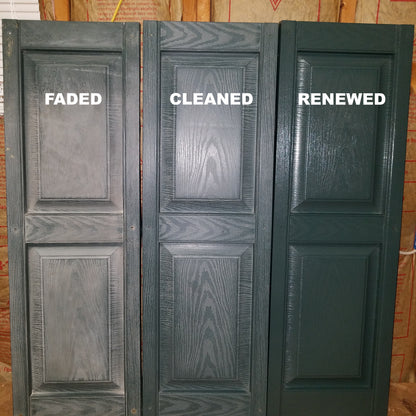 Three wooden doors side by side, labeled 'Faded,' 'Cleaned,' and 'Renewed,' showcasing cleaning and restoration progress.